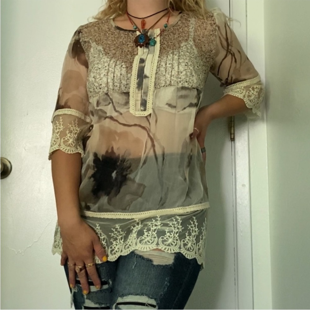 Sundance Blouse Women’s L Beige Earthtone Silk Sheer Lace